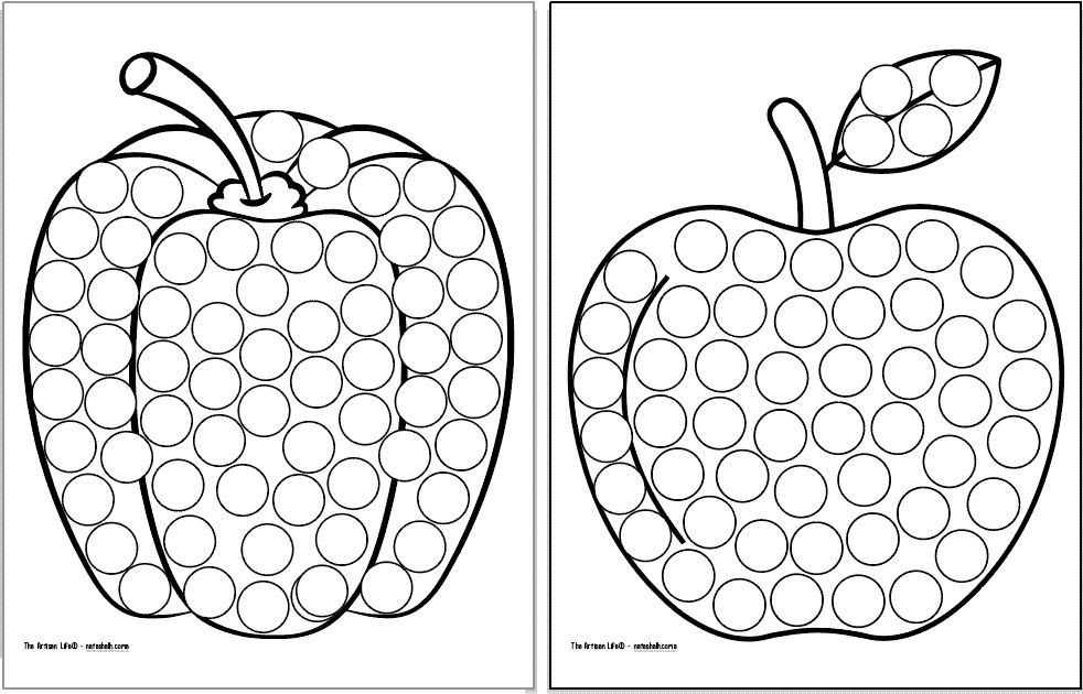 A preview of two dot marker coloring pages with a bell pepper and an apple to color