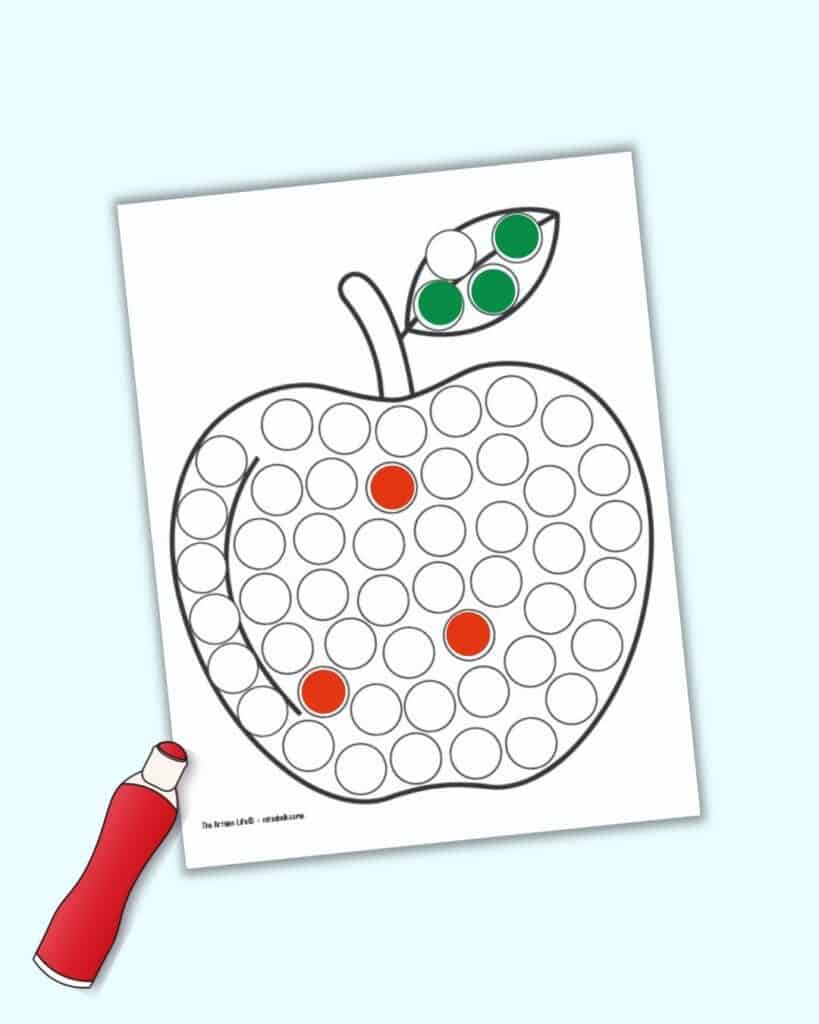 A mockup of an apple dot marker coloring page with an illustrated red dot marker