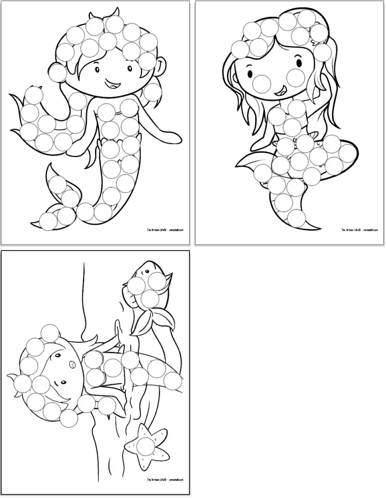 A preview of three printable mermaid themed dot marker coloring pages. Each page has a large black and white mermaid image covered with dots to color in with a dauber marker.