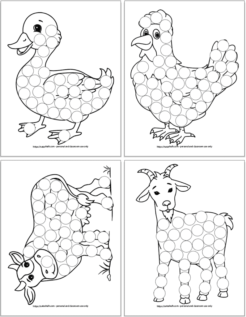 A 2x2 grid of printable farm animal dot marker coloring pages. Animals include: a walking duck, a rooster, a cow, and a goat