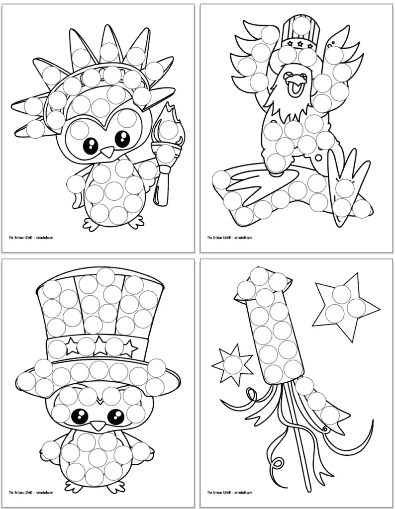 Four free printable dot marker colorings pages for the Fourth of July. Each page has a large black and white image covered with circles to dot in. Images include: an owl with a torch, an eagle with a hat, an owl with an Uncle Sam hat, and a firework.