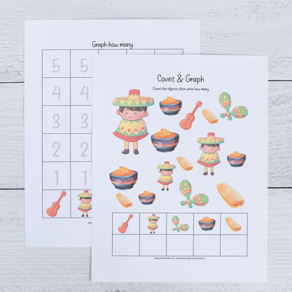 A preview of two printed pages. The front page is an I Spy page for Cinco de Mayo with 1-5 and behind is a graphing page to graph the results of counting the clip art on the other sheet.
