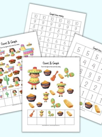 A preview of four printable pages of Cinco de Mayo count and graph worksheets for preschoolers. Two pages have Mexican themed images to count and two pages have space to graph the results.