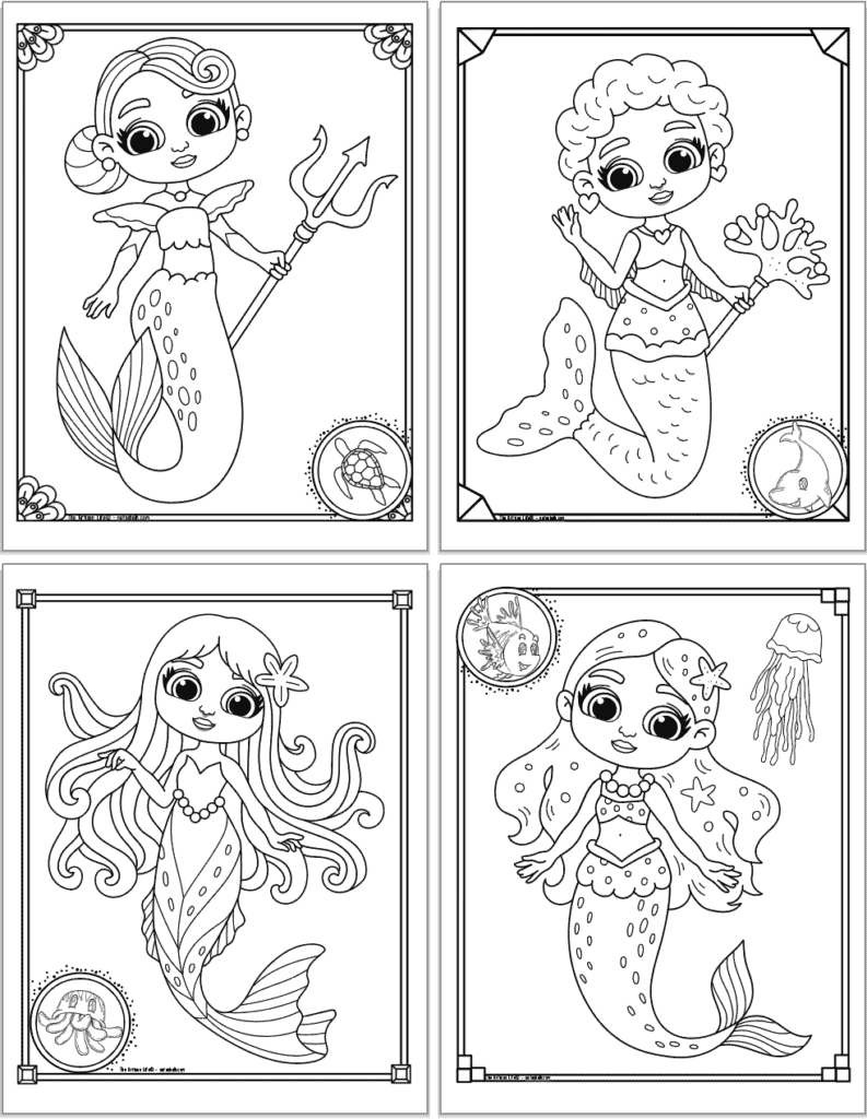 A 2x2 grid preview of four printable mermaid coloring pages. Each page has a doodle boarder and a cute mermaid to color. Includes two mermaids holding tridents and a mermaid with a cute jellyfish.