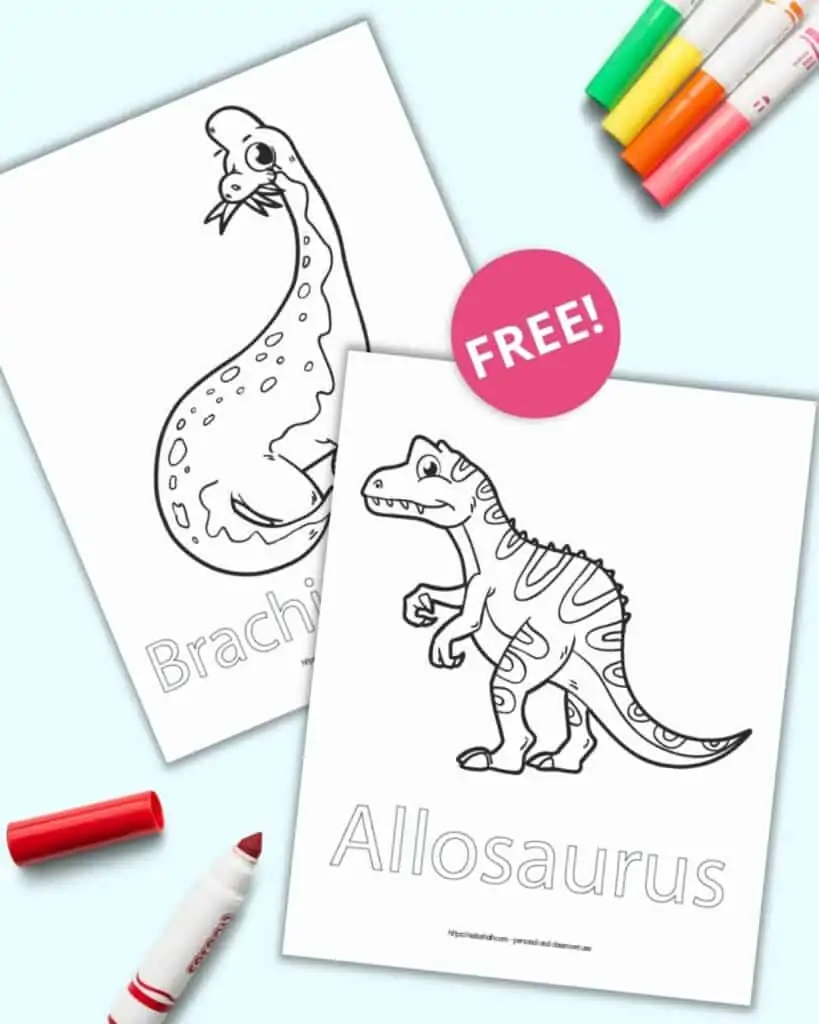 A purview of two dinosaur coloring pages with colorful children's markers adn the text "free!" on a pink circle in the middle.