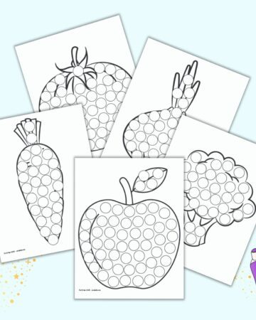 A preview of five printable fruit and vegetable dot marker coloring pages. Plants include: apple, broccoli, onion, tomato, and carrot