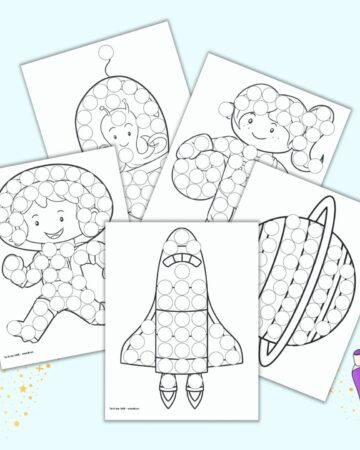 A preview of five printable dot marker coloring pages with an outer space theme. Images include two astronauts, a flying saucer, a rocket, and a planet