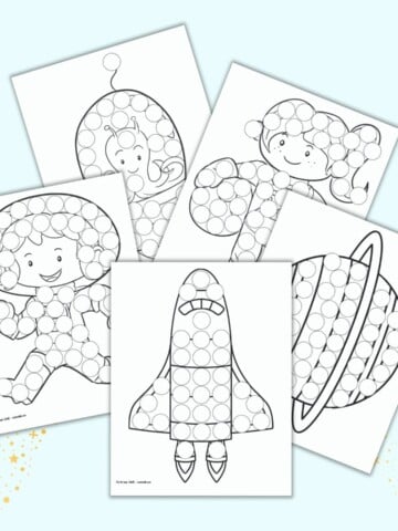 A preview of five printable dot marker coloring pages with an outer space theme. Images include two astronauts, a flying saucer, a rocket, and a planet