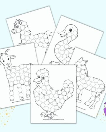 A preview of five printable farm animal theme dot marker coloring pages with: a rooster, a donkey, a goat, a duck, and a horse