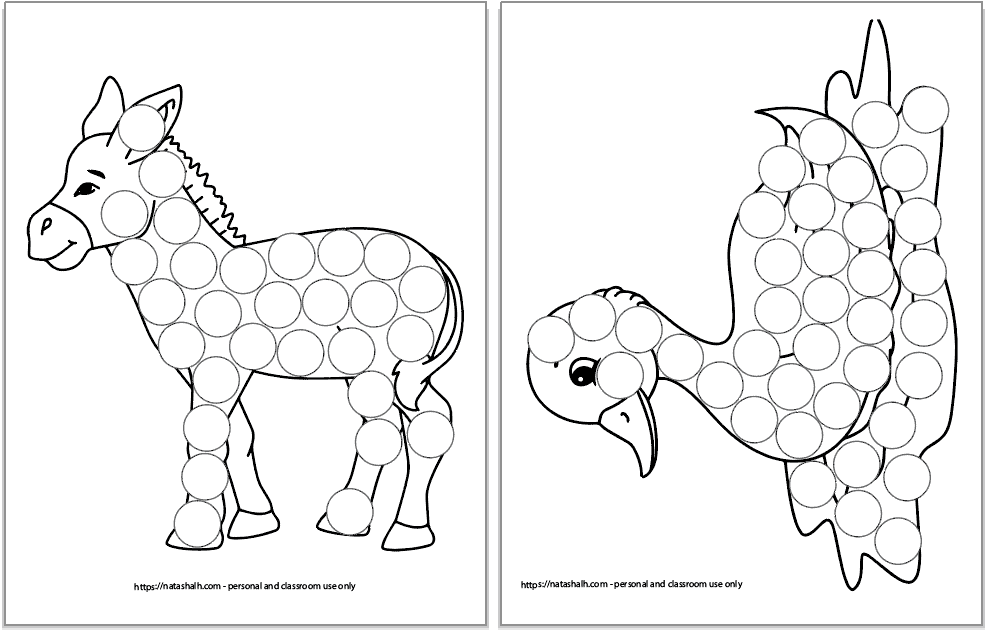Two farm animal dot marker coloring pages. One has a donkey and the other has a duck on water.