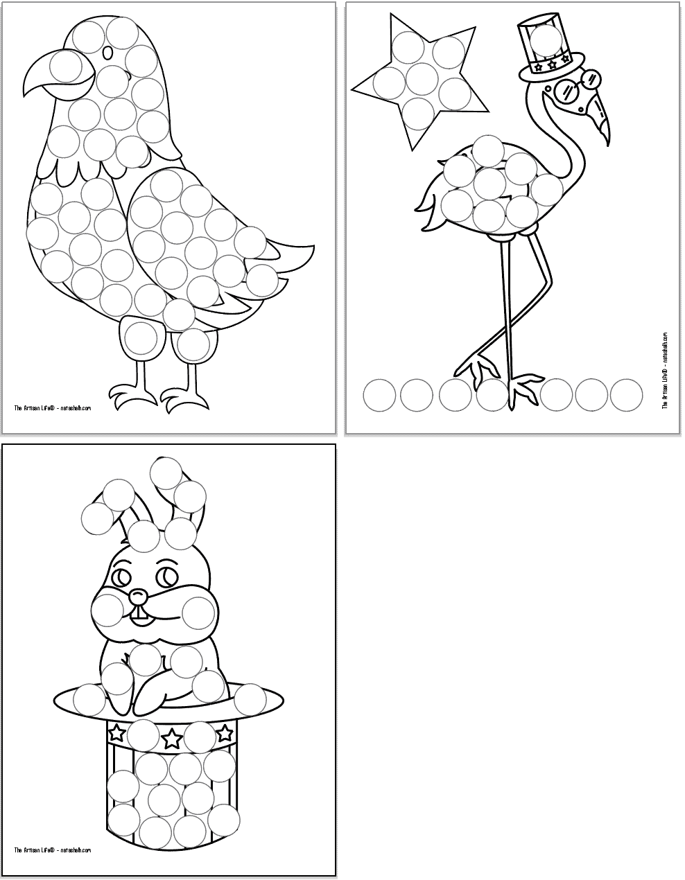 Four free printable dot marker colorings pages for the Fourth of July. Each page has a large black and white image covered with circles to dot in. Images include: a cute eagle, a flamingo in an Uncle Sam hat and a rabbit coming out of a patriotic hat.