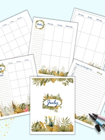 A preview of six pages of July planner insert with a boho tropical watercolor theme and earthy color tones