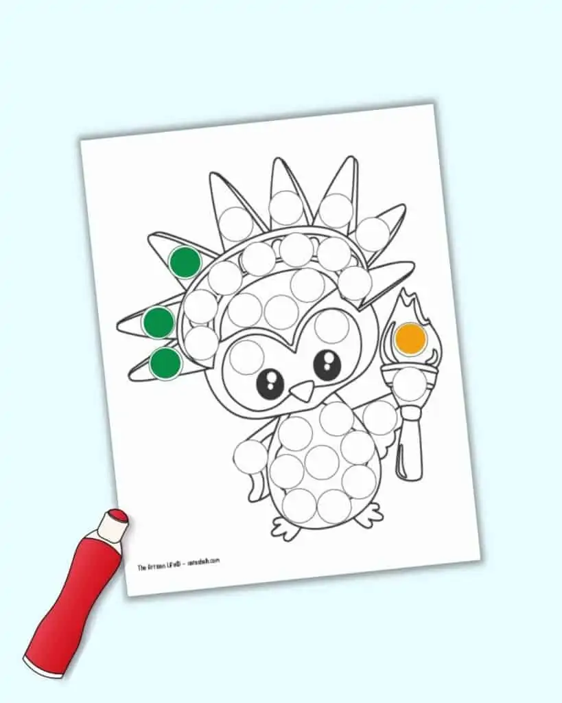 A do a dot marker page with an owl as the Statue of Liberty.