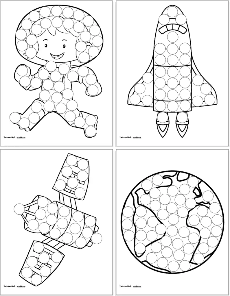 A preview of four printable dot marker coloring pages with: a running astronaut, a shuttle taking off, a satellite, and the planet earth 