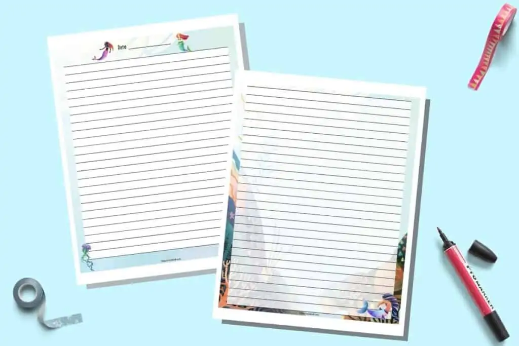 Two printable pages of lined journal paper with a mermaid theme