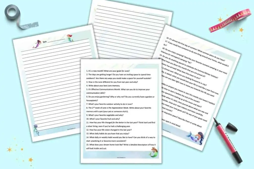 A preview of four printable pages. Two have 15 journaling prompts each and the other two are lined journaling pages with a mermaid theme