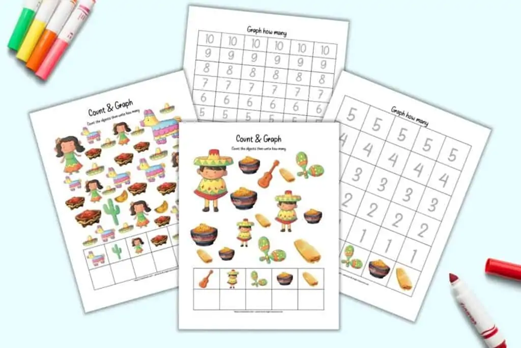 A preview of four printable count and graph pages with a Cinco de Mayo theme. Two pages have images to count and the other two pages have space to graph the results.