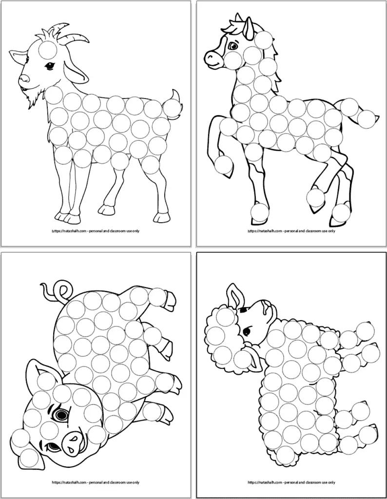 A 2x2 grid of printable farm animal dot marker coloring pages. Animals include: a goat, a walking horse, a pig, and a sheep