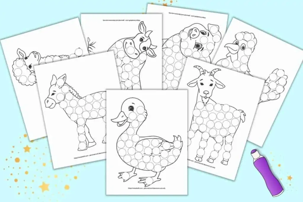 A preview with seven printable farm animal themed dot marker coloring pages. Each page has a large black and white animal with dots to color in with a dauber marker. Animals include: a duck, a goat, a donkey, a lamb, a cow, a pig, and a rooster.