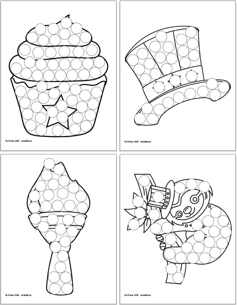 Four free printable dot marker colorings pages for the Fourth of July. Each page has a large black and white image covered with circles to dot in. Images include: a cupcake, an Uncle Sam hat, a Lady Liberty torch, and a sloth in an American hat.