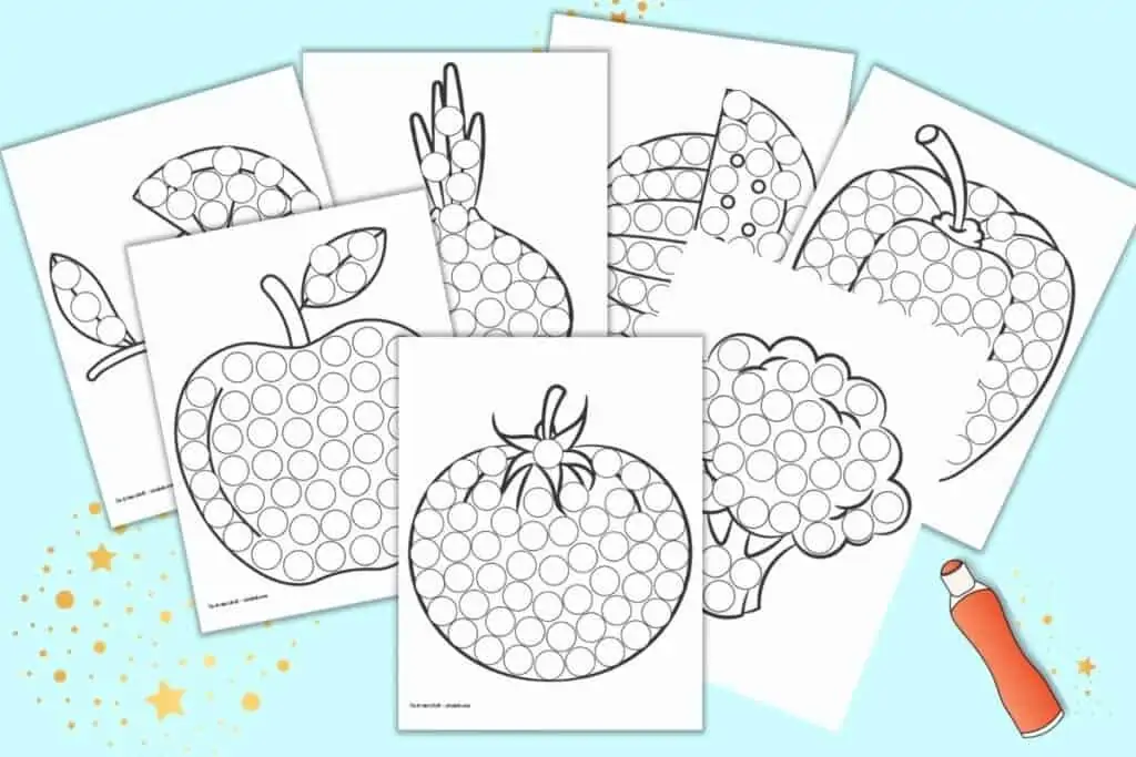 A preview of seven printable dot marker coloring pages with fruits and vegetables. Each page has a large fruit or vegetable covered with circles to color in