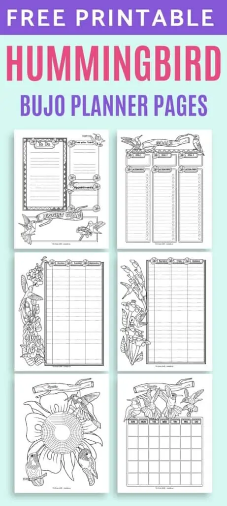 Text "free printable hummingbird bujo planner pages" above a 2x3 grid preview of hummingbird themed black and white planner pages. Pages include: daily log, goals tracker, weekly log, 