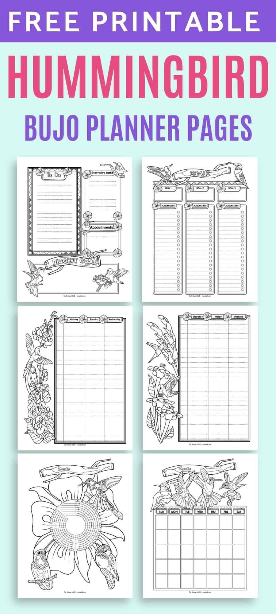 Text "free printable hummingbird bujo planner pages" above a 2x3 grid preview of hummingbird themed black and white planner pages. Pages include: daily log, goals tracker, weekly log,