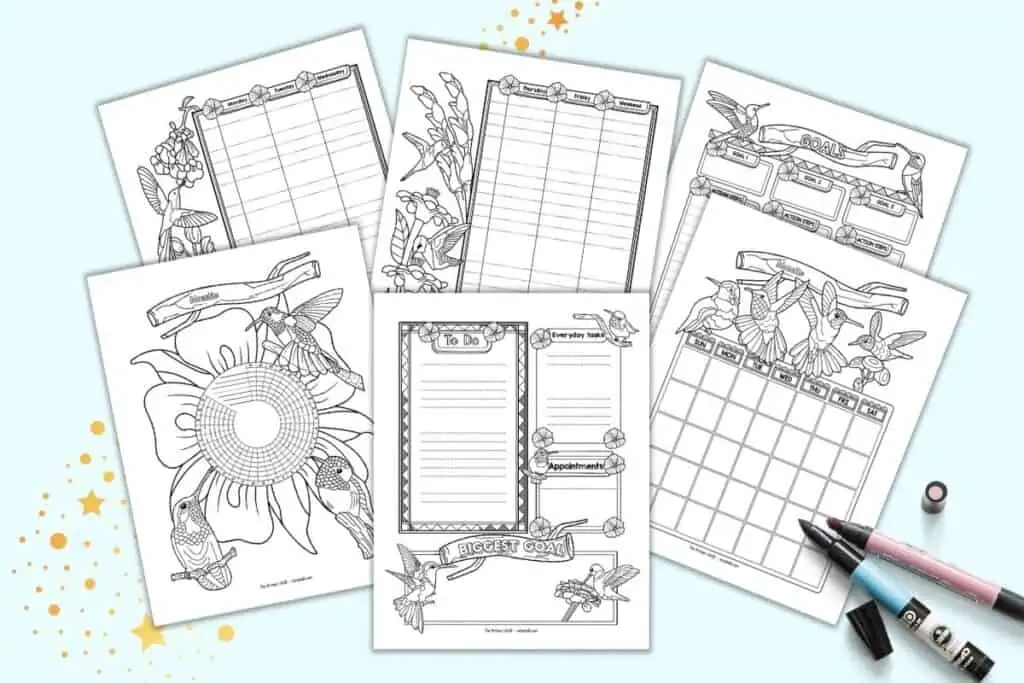 A preview of six pages of bullet journal style printable planner pages with hummingbirds and flowers