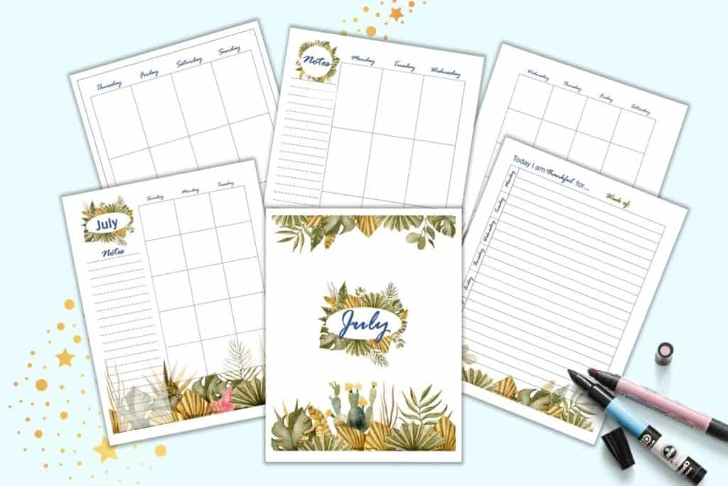 A preview of six pages of printable July planner with a boho tropical watercolor theme. Pages include a cover page, gratitude journal, two page monthly spread, and two page vertical weekly spread