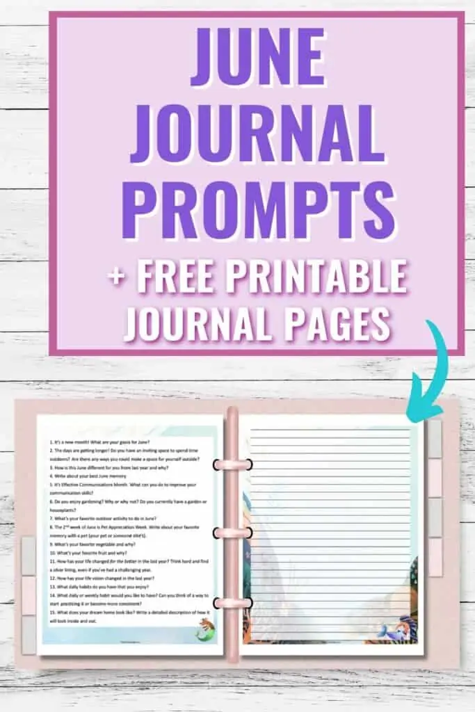 Text "journal journal prompts + free printable journal pages" above a mockup of a pink three ring binder open with a page of journal prompts on the let and a mermaid themed journal page on the right