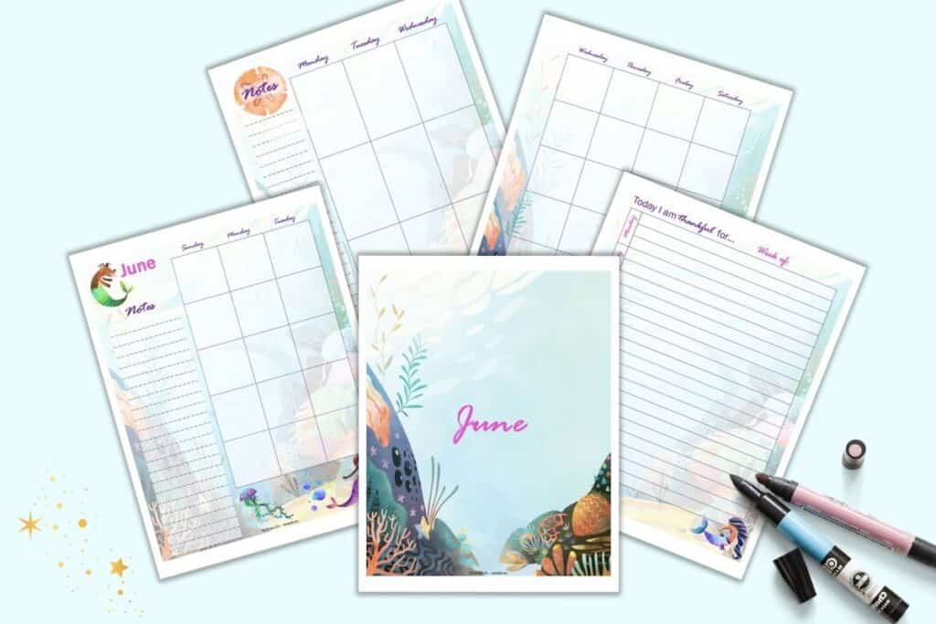 A preview of seven pages of free printable planner insert with a mermaid theme. Pages include a June cover page, gratitude journal page, left hand side of a two page monthly spread, and a two page weekly spread.