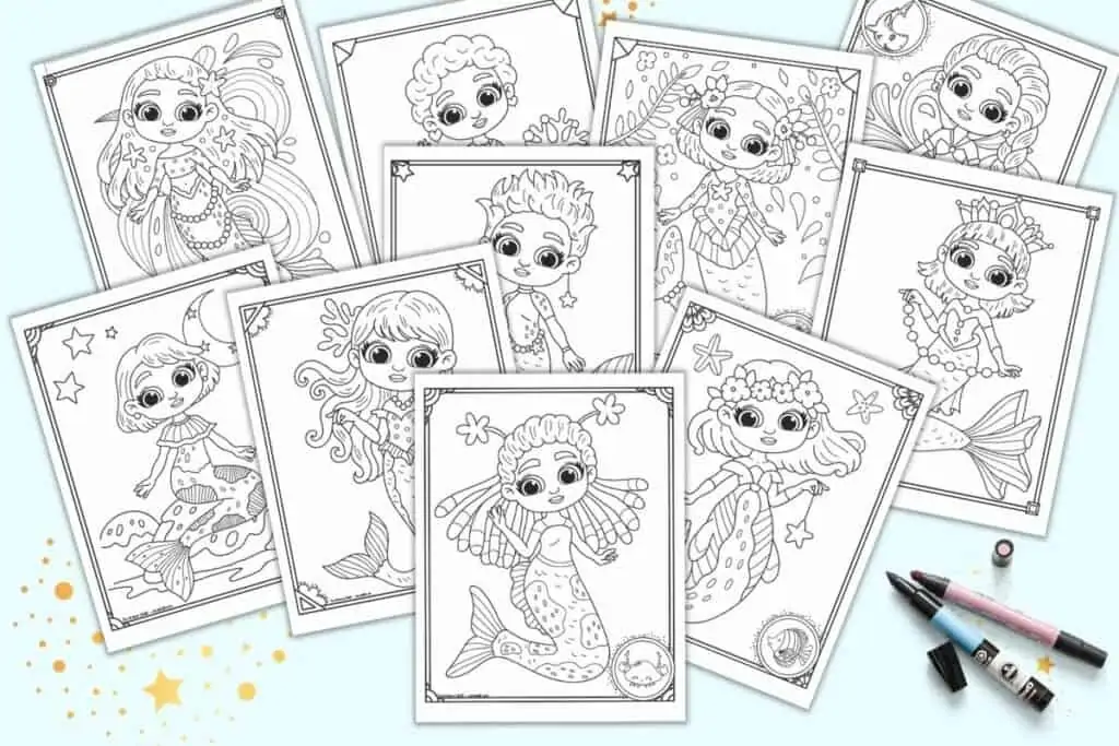 A preview of 10 printable mermaid coloring pages on a light blue background. Each page has a doodle frame to coloring and a large, cute mermaid.