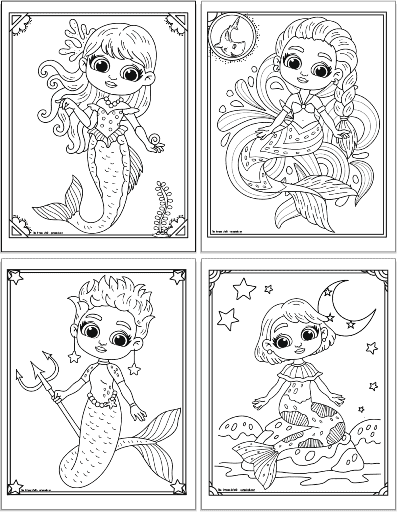 A 2x2 grid preview of four printable mermaid coloring pages. Each page has a doodle boarder and a cute mermaid to color. Mermaids include: A mermaid with coral in her hair, a mermaid sitting with a splash of water behind her, a mermaid holding a trident, and a mermaid sitting on a rock under the moon and stars.
