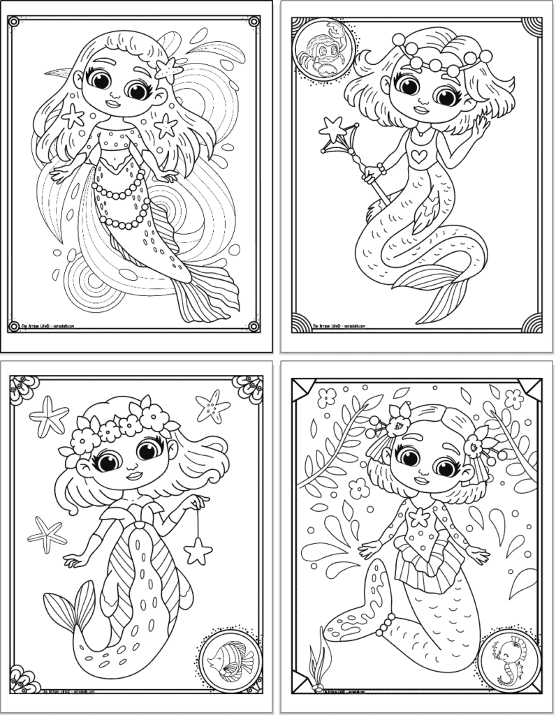 A 2x2 grid preview of four printable mermaid coloring pages. Each page has a doodle boarder and a cute mermaid to color. Pages include a mermaid with a splash of water behind her, a mermaid wearing a pearl crown, a mermaid with starfish and flowers, and a tropical mermaid.