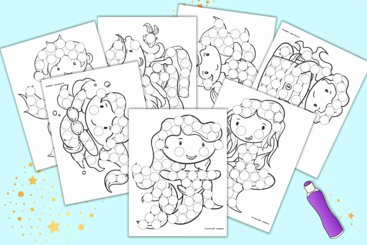 A preview of two printable mermaid themed dot marker coloring pages. Both pages has a large black and white mermaid image covered with dots to color in with a dauber marker.