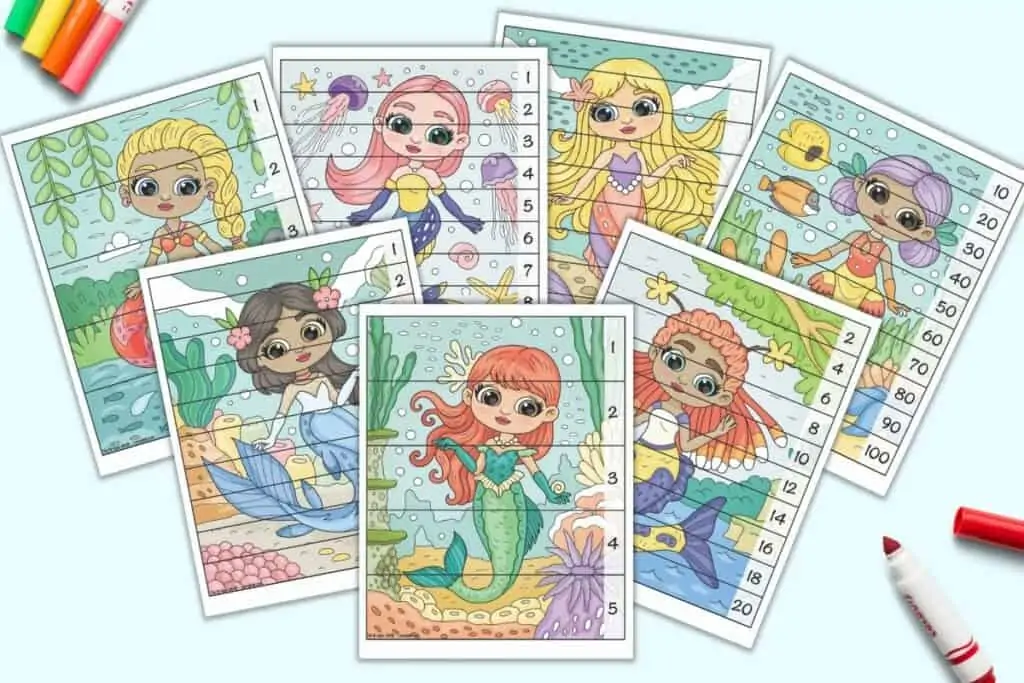 A preview of seven free printable mermaid theme number building puzzles for preschoolers and kindergarteners. Each vertical mermaid image has pieces to cut out with numbers along the right hand side. Children complete the picture to place the numbers in the correct order.