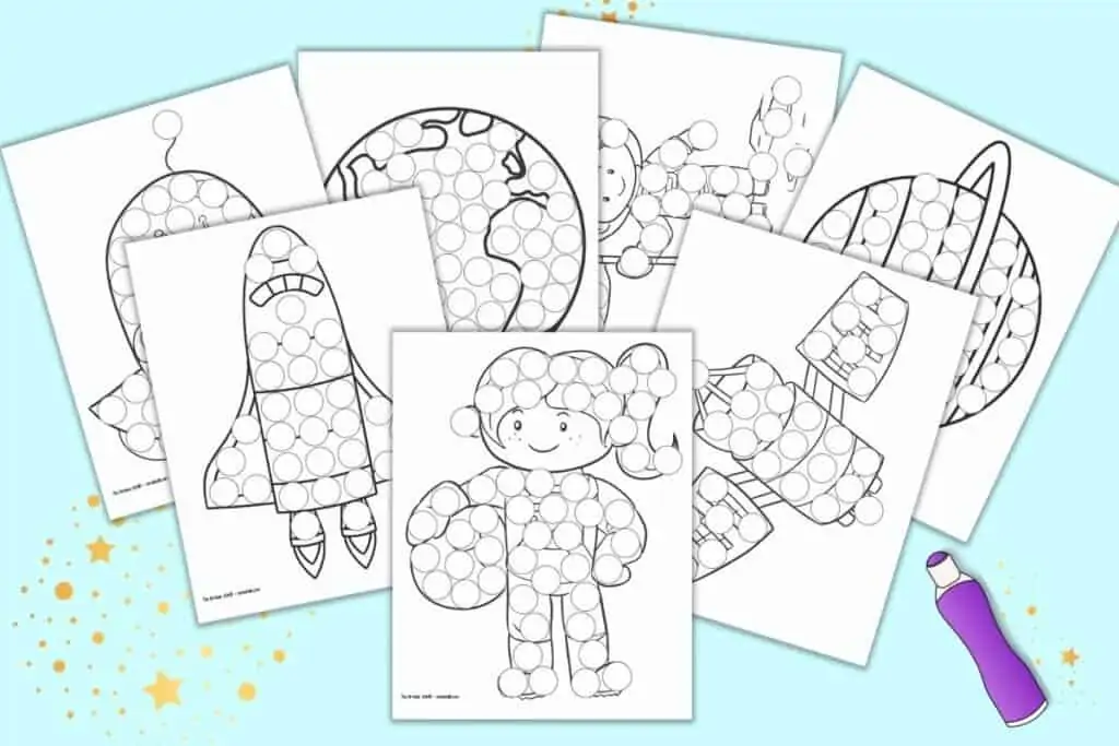 A preview of seven printable outer space themed dot marker coloring pages for toddlers and preschoolers