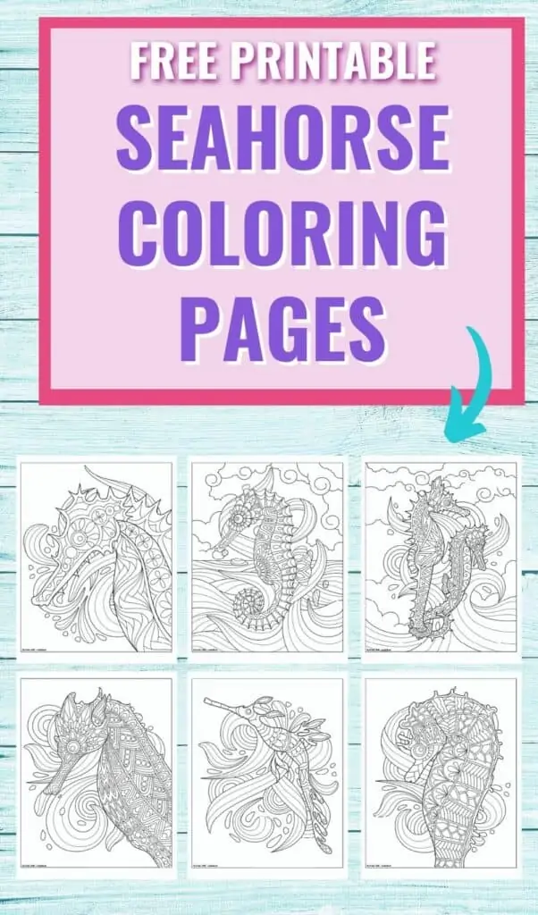 Text "free printable seahorse coloring pages" above a preview of six printable seahorse mandala coloring pages. Each seahorse has a detailed mandala design to color and is on an ocean waves background. 