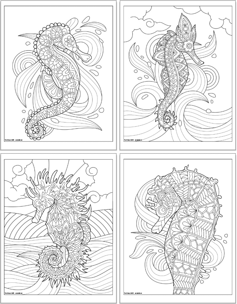 Four printable seahorse coloring pages for adults. Each seahorse hs detailed mandala style designs on its body and is on an ocean waves background to color.