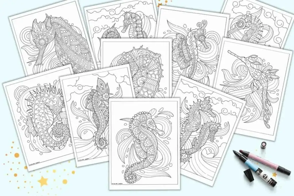 A preview of 10 free printable seahorse coloring pages for adults. Each page has detailed seahorse mandalas to color.