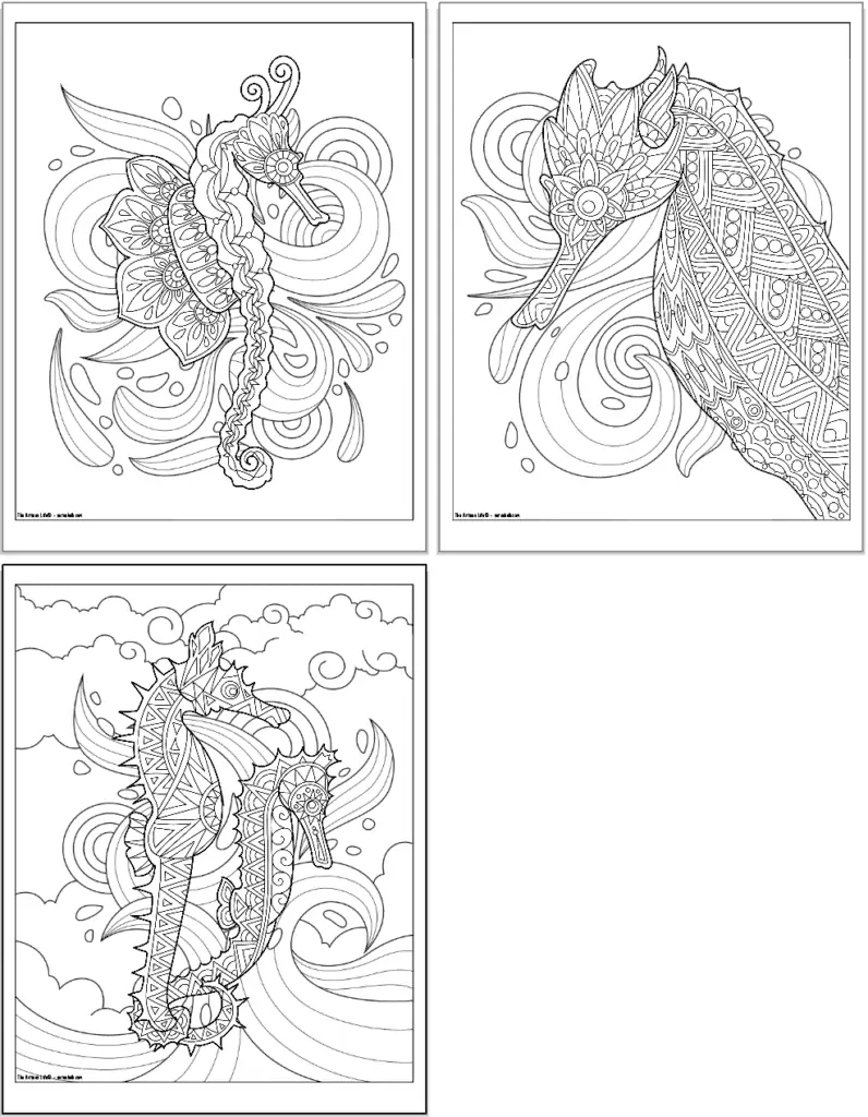Three seahorse coloring pages to print and color for adults. The final page has two seahorses holding tails. All seahorses have detailed mandala style designs to color and are on an ocean waves background.
