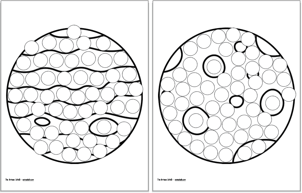 Two dot marker coloring pages with Jupiter and the moon