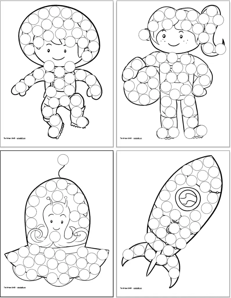 A preview of four printable dot marker coloring pages with: astronauts, a flying saucer, and a rocket