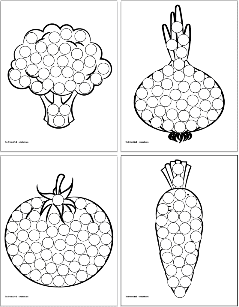 A preview of four printable vegetable dot marker coloring pages with: broccoli, an onion, a tomato, and a carrot