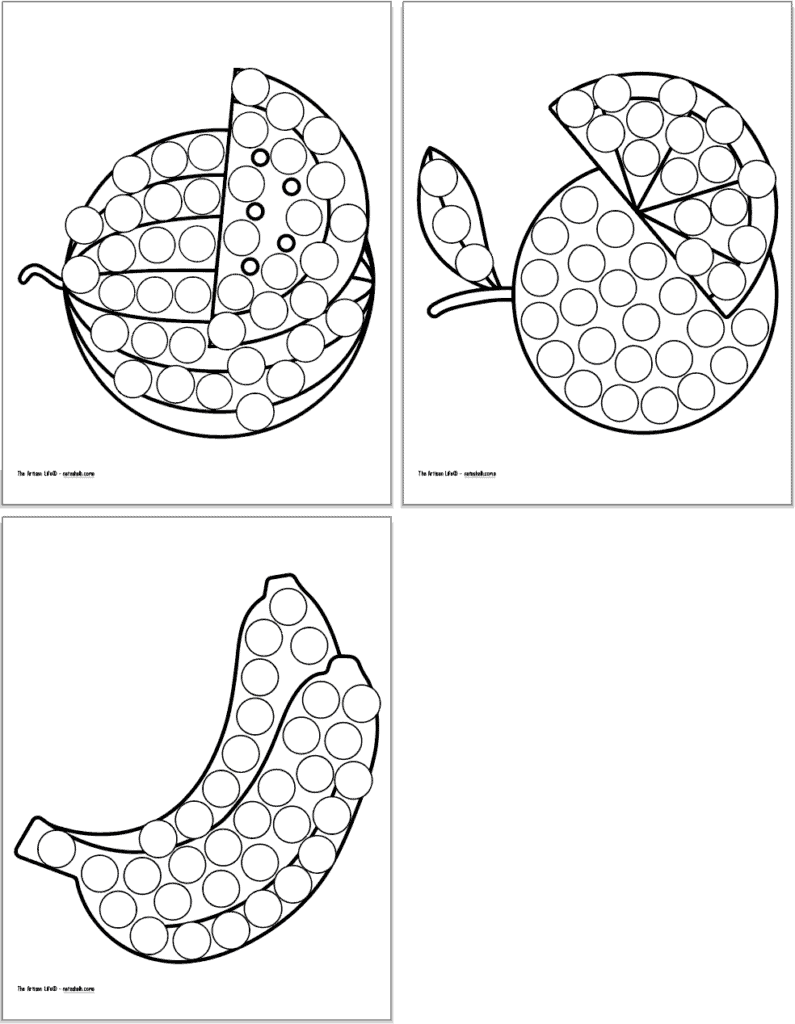 A preview of three dot marker coloring pages with bananas, an orange, and a watermelon to color