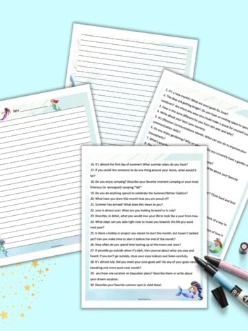 A preview of four printable pages with a mermaid theme - two with 15 journal writing prompts apiece and two pages of lined journaling paper