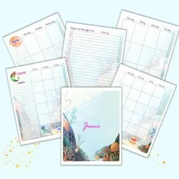 a preview of six pages of june planner inserts with a mermaid theme. Pages include a cover page, gratitude journal page, monthly calendar, and two page weekly spread