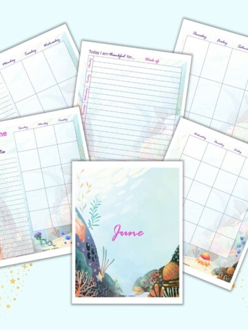 a preview of six pages of june planner inserts with a mermaid theme. Pages include a cover page, gratitude journal page, monthly calendar, and two page weekly spread
