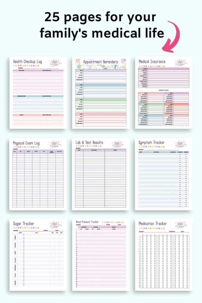 Text "25 pages for your family's medical life" with a pink arrow pointing at a 3x3 grid of preview images from a floral family medical planner. Pages include: health checkup log, appointment reminders, medical insurance, physical exam log, lab and test results, symptom tracker, sugar tracker, blood pressure tracker, and medication tracker