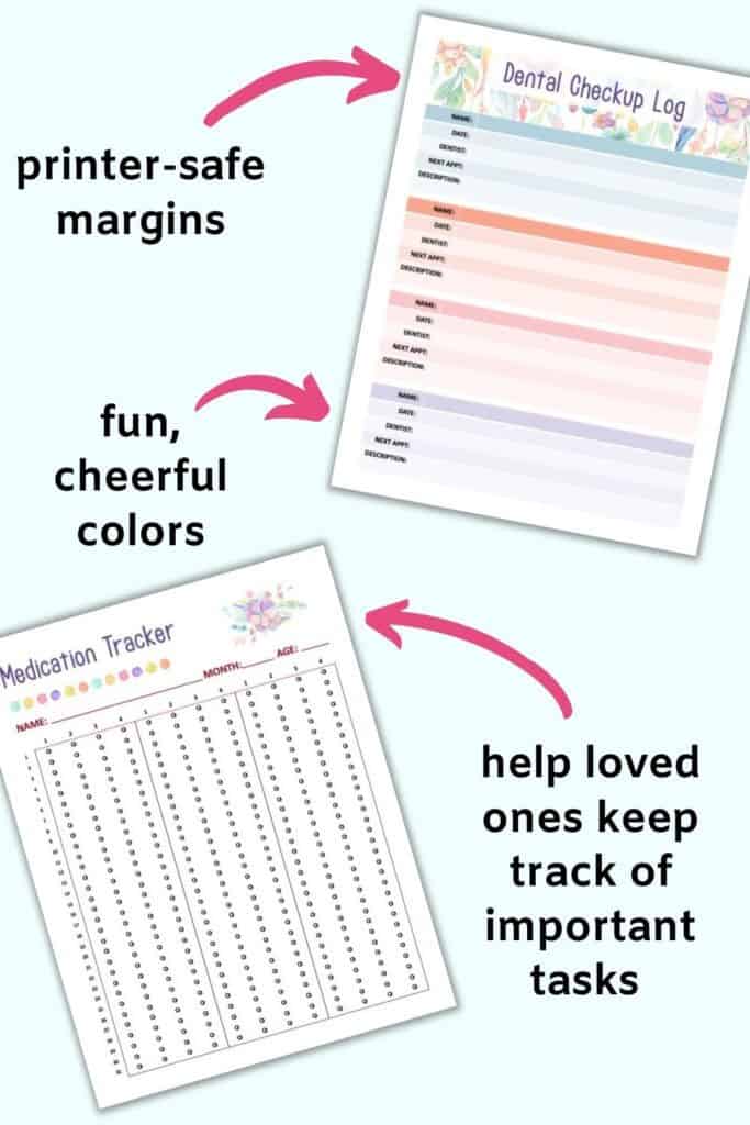 A close up view of a dental checkup log and a medication tracker with a floral pastel theme